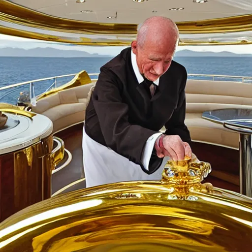 Image similar to wrinkled hunchbacked old butler polishing the side of a gold plated mega yacht