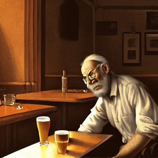 Image similar to old man sitting at bar, pub, smoky lighting, dim, barstool, person drinking, side sketch, artstation award, highly detailed, ultra - realistic, moody atmosphere, color palette