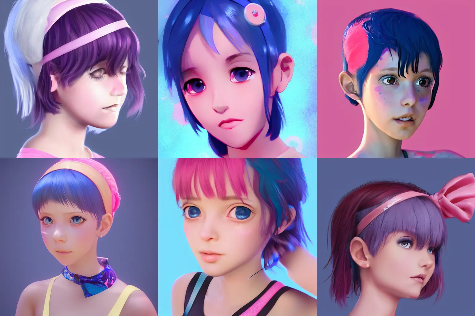 Prompt: girl with short blue hair, pink headband, face, hair, neck, artstation, kyoani, high resolution, 4k, lighting