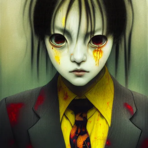 Prompt: yoshitaka amano blurred and dreamy realistic three quarter angle horror portrait of a sinister young woman with short hair and yellow eyes wearing office suit with tie, junji ito abstract patterns in the background, satoshi kon anime, noisy film grain effect, highly detailed, renaissance oil painting, weird portrait angle, blurred lost edges