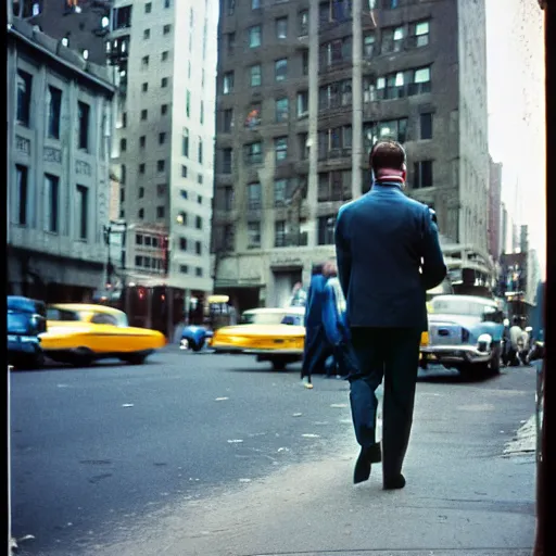 Image similar to portrait of a man walking in a suit in the streets of new york, 1 9 6 0 s, street photography taken with ektachrome, featured on flickr, photographed on expired film