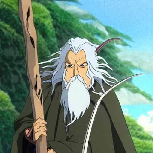 Image similar to gandalf from the anime lord of the rings (1986), studio ghibli, very detailed, hyperrealistic