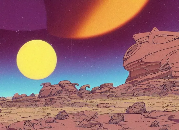 Prompt: 1 9 8 0 s science fiction anime background painting of a desert alien planet