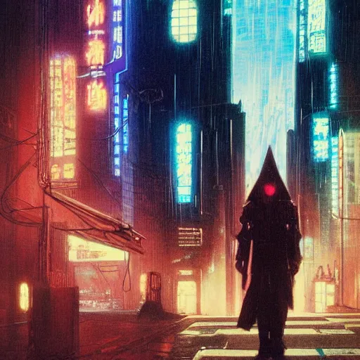 Image similar to portrait of masked byzantine blade runner 2 0 4 9 on the art deco streets of the neo tokyo during the cyber triumph, award - winning realistic sci - fi concept art by beksinski, bruegel, greg rutkowski, alphonse mucha, and yoshitaka amano