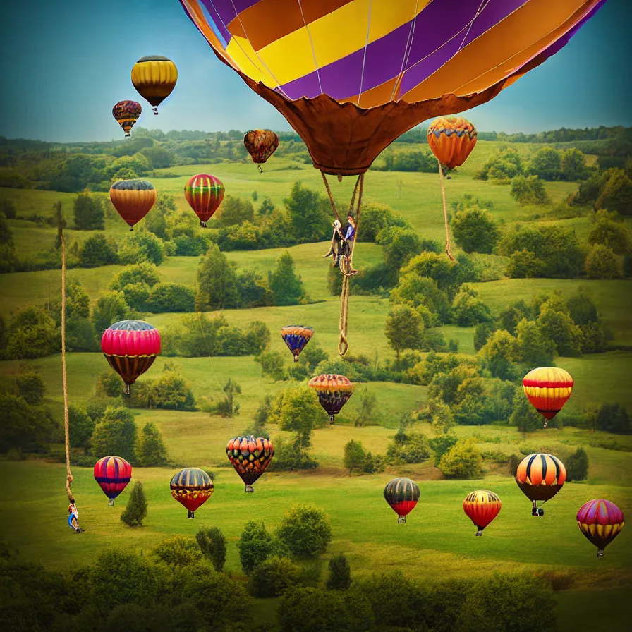 Prompt: large colorful steampunk balloons with people on rope swings underneath, flying high over the beautiful countryside landscape, professional photography, 8 0 mm telephoto lens, realistic, detailed, digital art, unreal engine