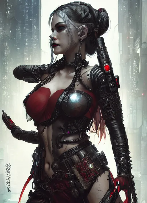 Image similar to a beautiful illustration of cyberpunk elven harley quinn, black hair, intricate, sharp focus, illustration, highly detailed, digital painting, concept art, matte, art by wlop and artgerm and greg rutkowski and alphonse mucha, masterpiece