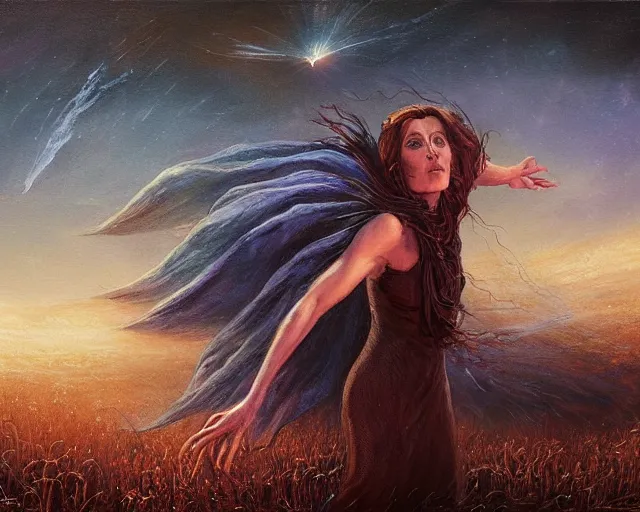 Image similar to sorceress casting powerful meteor spell in the plains. highly detailed painting by seb mckinnon 8 k