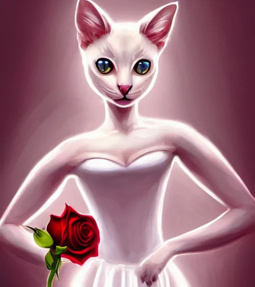 Image similar to symmetry!! anthropomorphic cat ballerina in a white dress holding rose, solid cube of light, hard edges, intricate, elegant, highly detailed, digital painting, artstation, concept art, smooth, sharp focus, illustration, dreamlike, art by artgerm