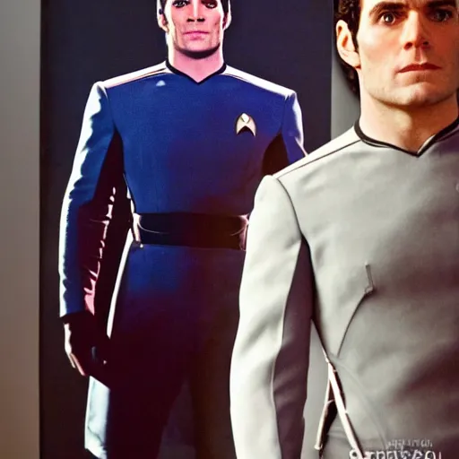 Image similar to a full body photograph of henry cavill as a star fleet captain from star trek next generation, full dress uniform, symmetrical face, extreme realism and detail, 8 k, completely framed, direct lighting, 3 5 mm photo, photorealistic, sharp focus