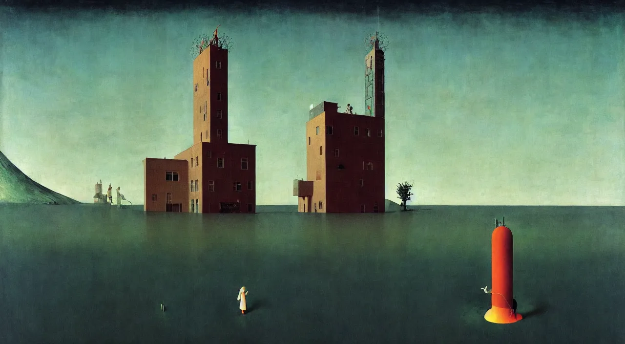 Image similar to single flooded simple!! george ault tower, very coherent and colorful high contrast masterpiece by norman rockwell franz sedlacek hieronymus bosch dean ellis simon stalenhag rene magritte gediminas pranckevicius, dark shadows, sunny day, hard lighting