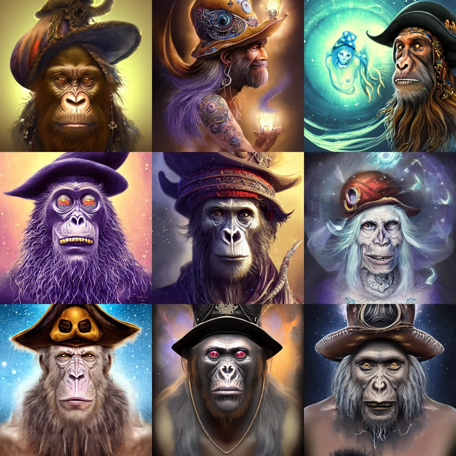 Image similar to a wlop 3 d render of very very very very highly detailed beautiful mystic portrait of a young ghost ape pirate in a hat with whirling galaxy around, tattoos by anton pieck, intricate, extremely detailed, digital painting, artstation, concept art, smooth, sharp focus, illustration, intimidating lighting, incredible art,