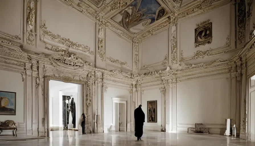 Image similar to Batman standing in giant Italian modern castle living room, clean minimalist design, that is 1300 feet tall, with very tall giant walls filled with modern art paintings, doors that are cosmic portals, photo by Annie Leibovitz