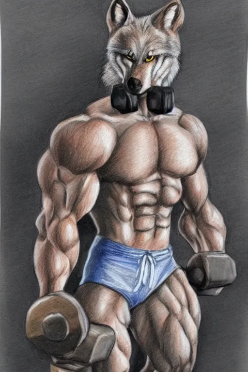 Prompt: master furry artist colored pencil drawing full body portrait character study of the anthro male anthropomorphic wolf fursona animal person wearing gym shorts bodybuilder at gym