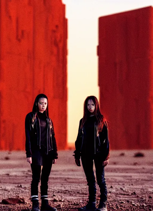 Prompt: cinestill 5 0 d photographic portrait of two female android lovers wearing rugged black techwear on a desolate plain with a red sky, extreme closeup, lizard on ground, cyberpunk style, in front of a brutalist dark metal facility, dust storm, 8 k, hd, high resolution, 3 5 mm, f / 3 2, ultra realistic faces
