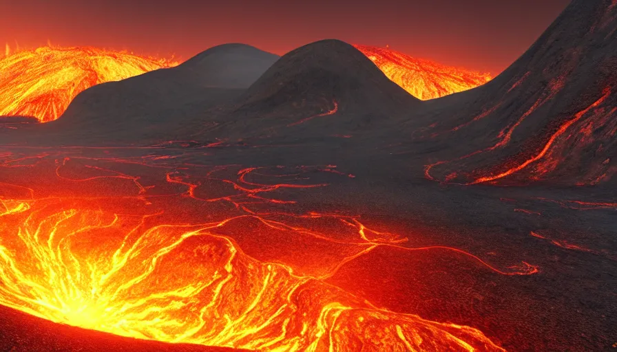 Image similar to a volcanic landscape, golden flowing lava, cinematic lighting, behance hd, trending on artstation, global illumination, radiating, a glowing aura, ray tracing, hdr, matte painting