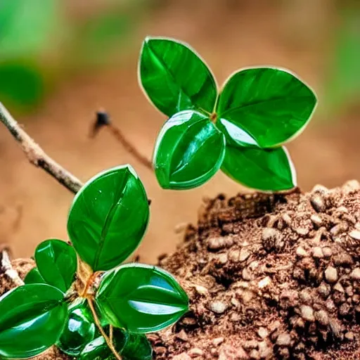 Image similar to a plant growing cut emerald gemstones instead of fruit