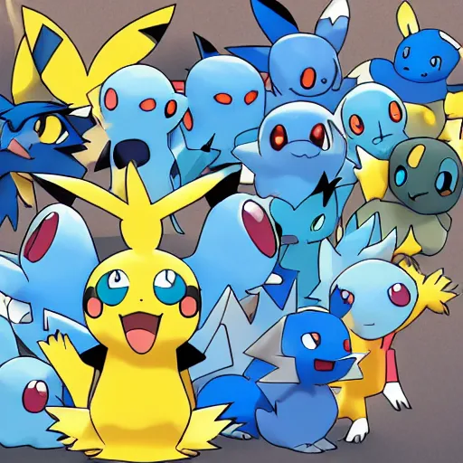 Prompt: a group of blue pokemon, high quality,