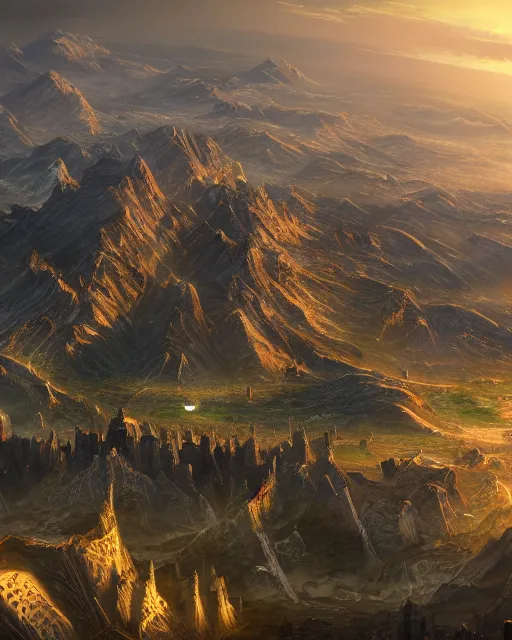 Prompt: gondor, aerial view by Leon Tukker, Makoto Kobayashi, 8k high detail, masterpiece, trending on ArtStation