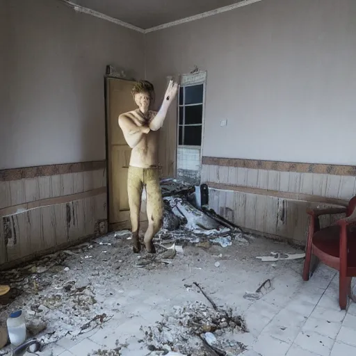 Image similar to mad jerma in abandoned motel in the desert, detailed, realistic, photography on phone, 4k