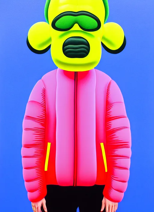 Image similar to person wearing a inflated puffer jacket by shusei nagaoka, kaws, david rudnick, airbrush on canvas, pastell colours, cell shaded!!!, 8 k