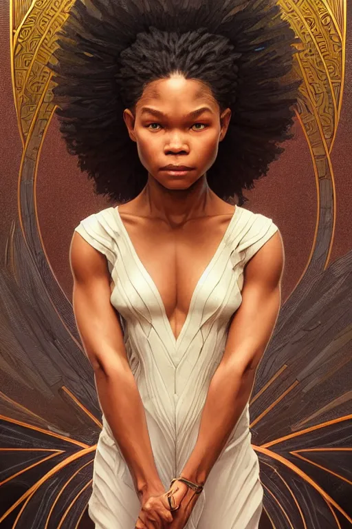 Image similar to symmetry!! intense fanart of 3 / 4 front pose of storm reid as nuha, protagonist, intricate, elegant, highly detailed, my rendition, digital painting, artstation, concept art, perfect, smooth, sharp focus, illustration, art by artgerm and greg rutkowski and alphonse mucha