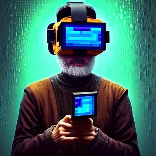 Prompt: Colour Photography of 1000 years old man with highly detailed 1000 years old face wearing higly detailed cyberpunk VR Headset designed by Josan Gonzalez Many details. Man playing Minecraft in VR . In style of Josan Gonzalez and Mike Winkelmann andgreg rutkowski and alphonse muchaand Caspar David Friedrich and Stephen Hickman and James Gurney and Hiromasa Ogura. Rendered in Blender