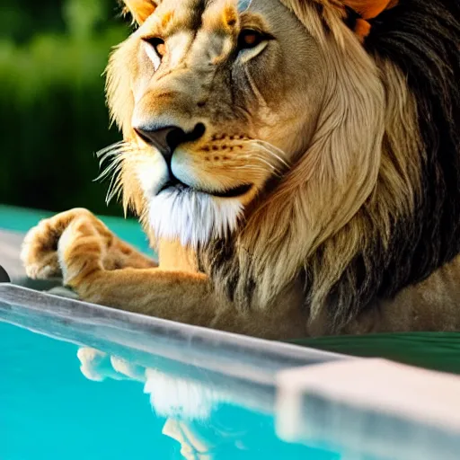 Image similar to a very detailed photo of a lion ( smoking a cigar ) outside the mansion by the pool