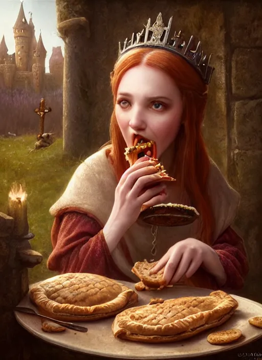 Image similar to highly detailed closeup portrait of a fairytale medieval princess eating meat pies, unreal engine, greg rutkowski, nicoletta ceccoli, mark ryden, earl norem, lostfish, global illumination, god rays, detailed and intricate environment