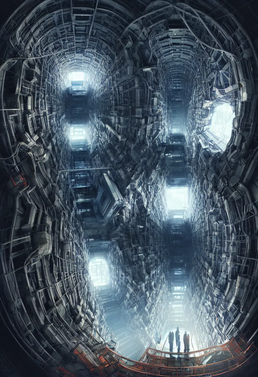 Prompt: man trapped inside cern large hadron collider, pulled apart, ultra high definition, ultra detailed, matte painting, by greg rutkowski and ross tran and wlop