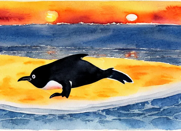 Image similar to a penguin sliding on the ice floe, watercolor, highly detailed, sunset light