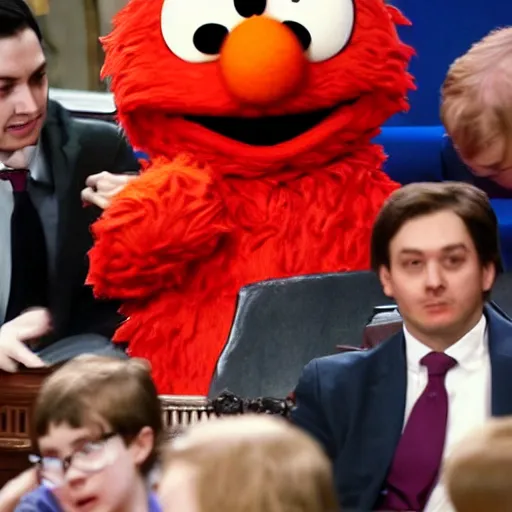 Prompt: Elmo speaking in british parliament while everything is burning around him