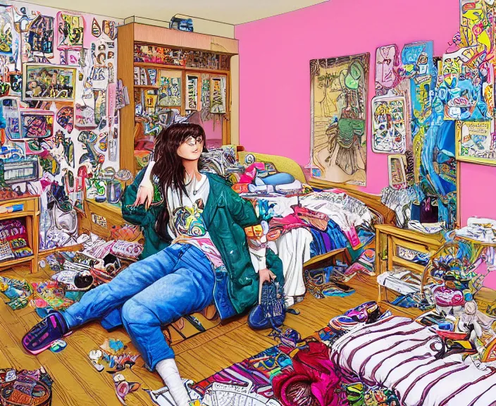 Image similar to highly detailed colorful illustration of a teenager in her room in the 9 0's, clean shaped illustration by kim jung gi, ron english and eiichiro oda