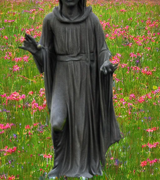 Prompt: mystical black death god figure statue in tall meadow of flowers, film photo, grainy, high detail, high resolution