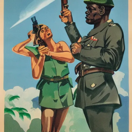 Prompt: ww 2 propaganda poster showing the tropical city of lagos nigeria