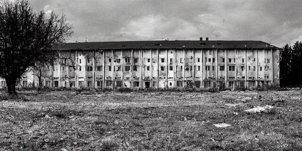 Image similar to a 1 9 9 0 s digital photo of an eastern european high school, probably russia, ukraine or poland abandoned after a war. russian graffiti is seen on the walls of the building, abandoned cars on the parking lot.