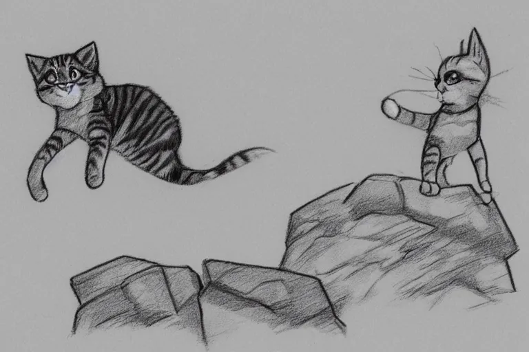 Prompt: a storyboard pencil sketch of a cat jumping on to a rock, rough sketch with erased lines, trending on artstation, detailed, anime