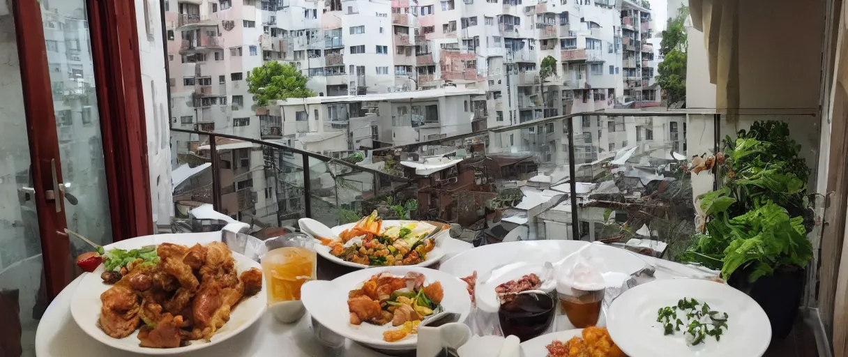 Image similar to dinner at a friends place, they have a small apartment with balcony and a puppy, the food is chinese