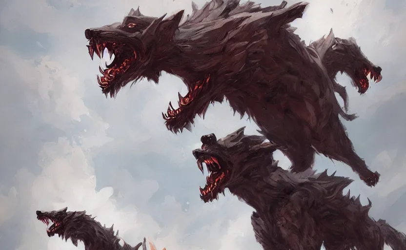 Image similar to A painting of Cerberus trending on artstation in the style of Greg Rutkowski