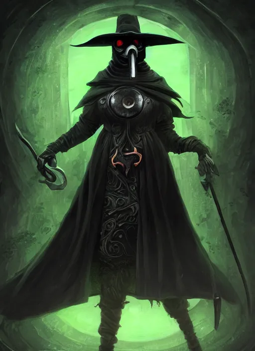 Prompt: a highly detailed illustration of plague doctor mask wearing woman, wearing black robe, wielding large scythe, surrounded by green mist background, intricate, elegant, highly detailed, centered, digital painting, artstation, concept art, smooth, sharp focus, league of legends concept art, WLOP