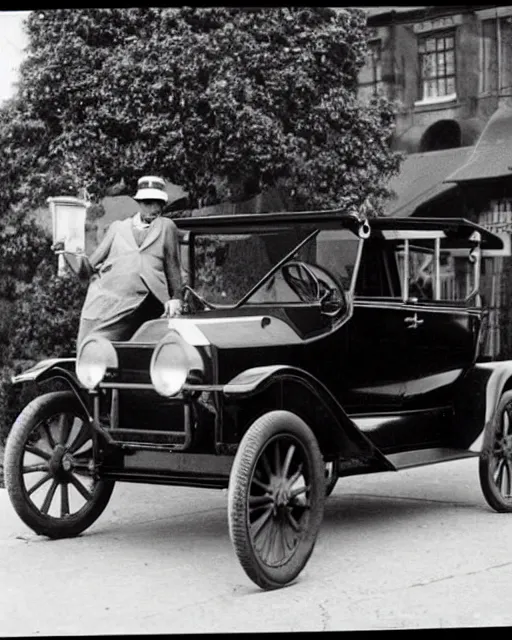 Image similar to 1 9 2 0 s photo of a person standing next to a tesla model t