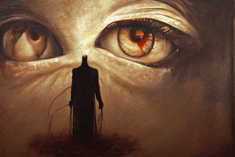 Image similar to standing at the eye of a giant being, silent hill, psychological horror, oil painting, atmospheric, eyes