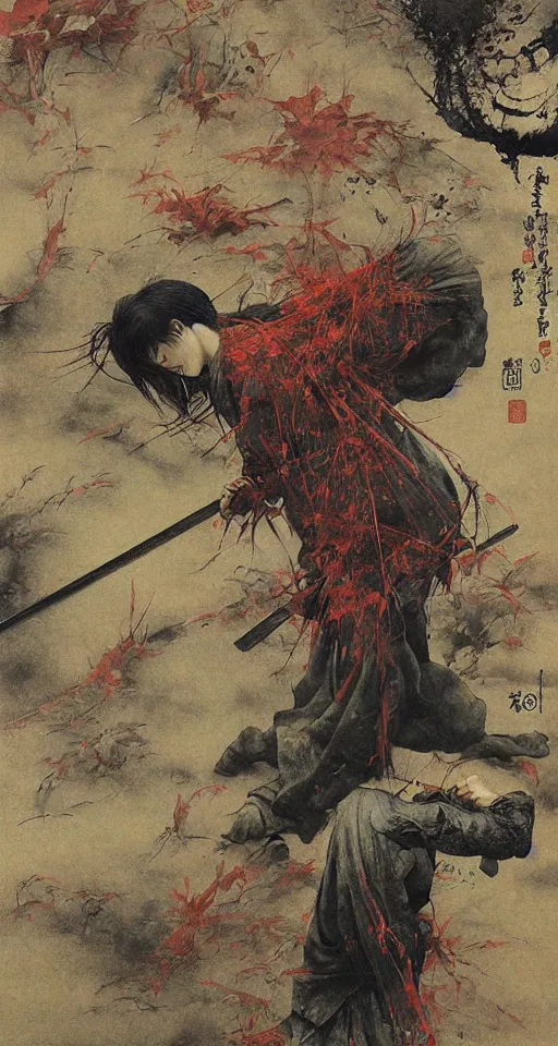 Image similar to Japanese schoolgirl runs away from Samurai with a katana on the subway, high detailed Beksinski painting, part by Adrian Ghenie and Gerhard Richter. art by Takato Yamamoto. masterpiece