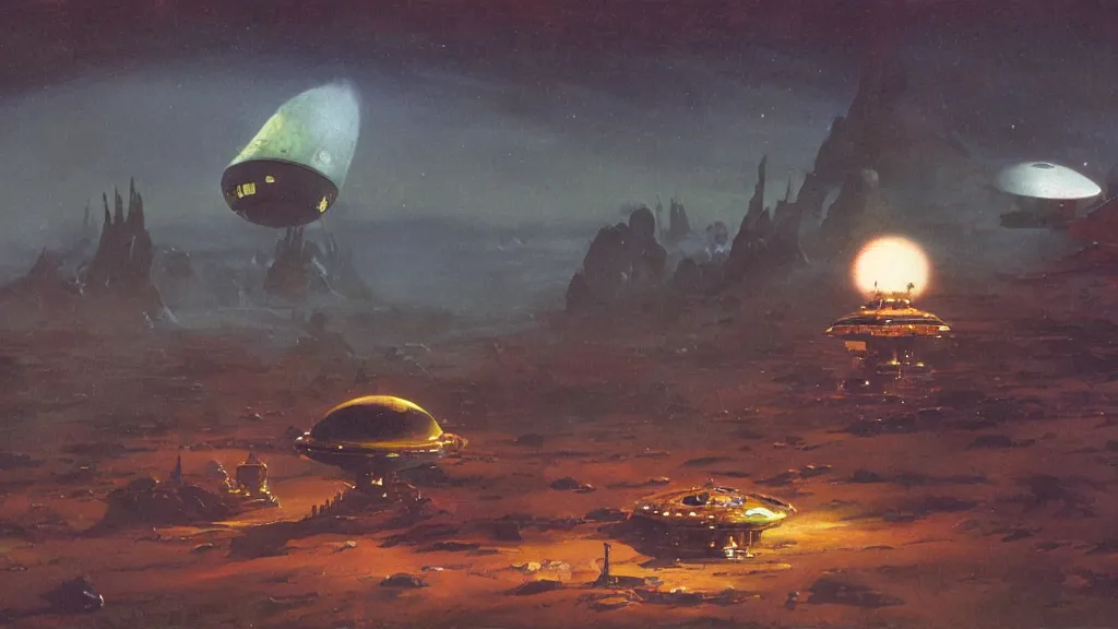 Image similar to eerie atmospheric alien planet with a small dropship pod landing by paul lehr and jack gaughan and john schoenherr, epic cinematic matte painting