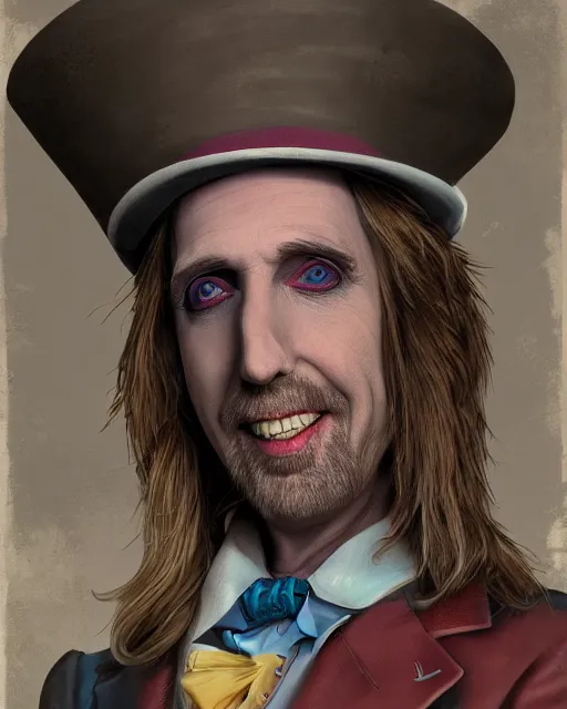 Image similar to tom petty as the mad hatter, contrast, kim jung gi, greg rutkowski, zabrocki, karlkka, jayison devadas, trending on artstation, 8 k, ultra wide angle, zenith view, pincushion lens effect