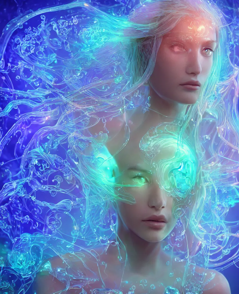 Image similar to close-up macro portrait of the face of a beautiful princess, epic angle and pose, symmetrical artwork, 3d with depth of field, blurred background, cybernetic jellyfish female face skull phoenix bird, translucent, nautilus, energy flows of water and fire. a highly detailed epic cinematic concept art CG render. made in Maya, Blender and Photoshop, octane render, excellent composition, cinematic dystopian brutalist atmosphere, dynamic dramatic cinematic lighting, aesthetic, very inspirational, arthouse. y Greg Rutkowski, Ilya Kuvshinov, WLOP, Stanley Artgerm Lau, Ruan Jia and Fenghua Zhong