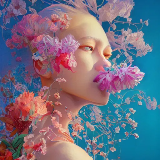 Prompt: a bouquet of ethereal big colorful transparent flowers, direct sunlight, glowing, vivid, detailed painting, by James Jean and Ross Tran, masterpiece, award winning painting