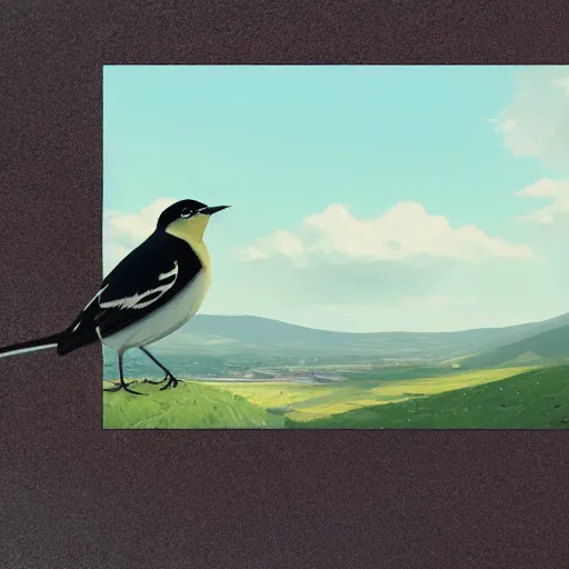 Image similar to closeup of a wagtail bird in avila, lavandera, river edge, green fields, summer season, 4 k, midday light, concept art, by wlop, ilya kuvshinov, artgerm, krenz cushart, greg rutkowski, pixiv. cinematic dramatic atmosphere, sharp focus, volumetric lighting, cinematic lighting, studio quality