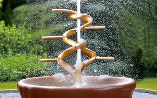 Image similar to bronze dna helix fountain, water spraying, birds in water