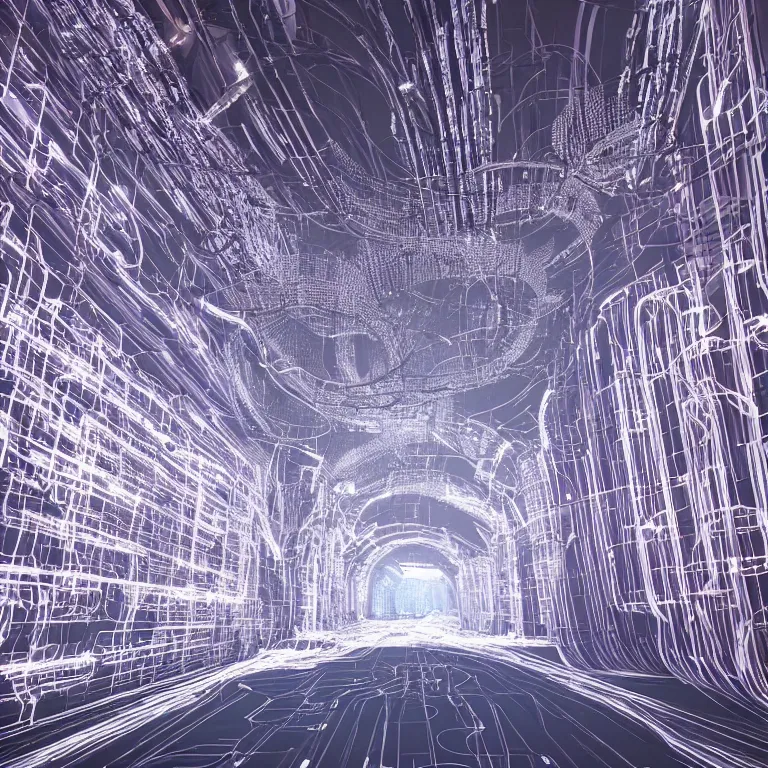 Image similar to an endless tunnel of wires and circuitry with high - tech glowing led illuminating the godrays and volumetric atmosphere made in octane render and cinema 4 d,