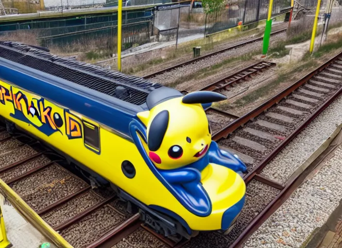 Prompt: pikachu themed train, professional photography, trainspotters weekly